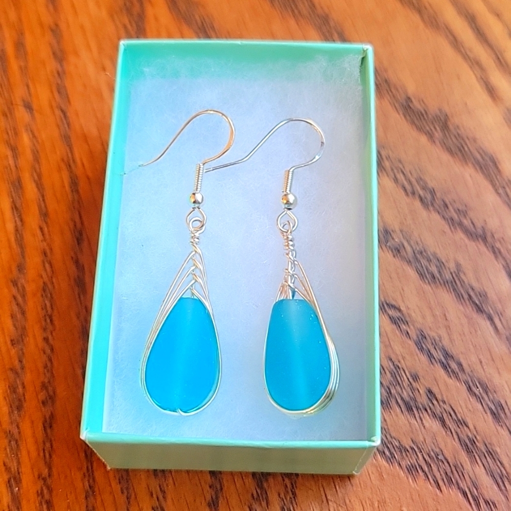 Silver & blue frosted glass earrings